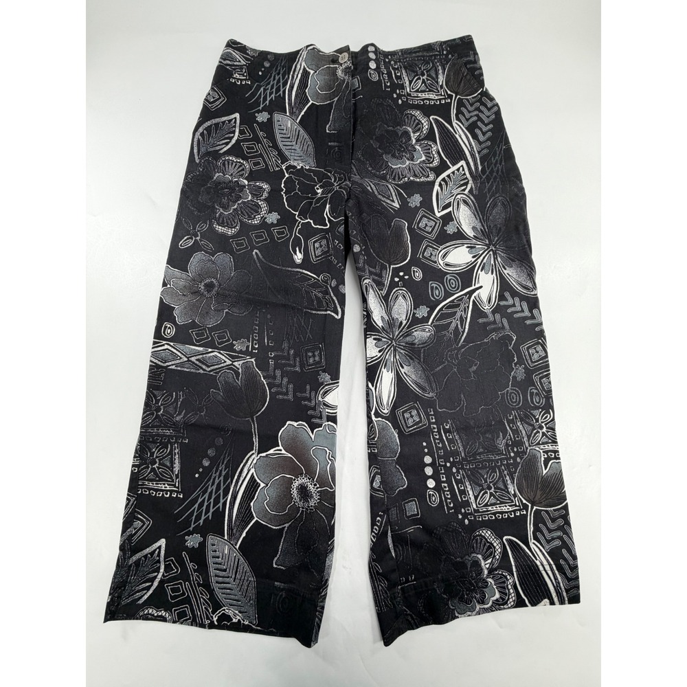 Chicos Floral Print Cropped Wide Leg Pants Black White Size 2 Cotton Blend